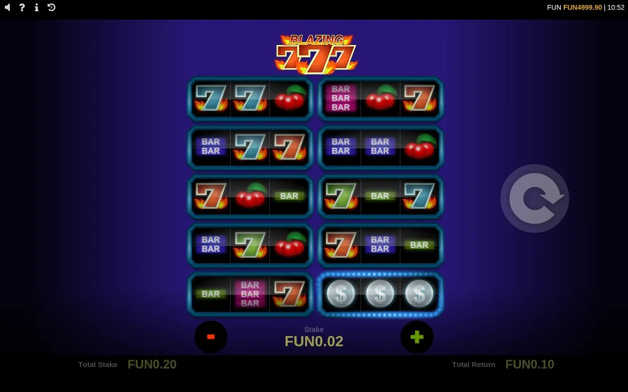 Blazing 777 base game showing the first demo round result at the default 0.20 stake