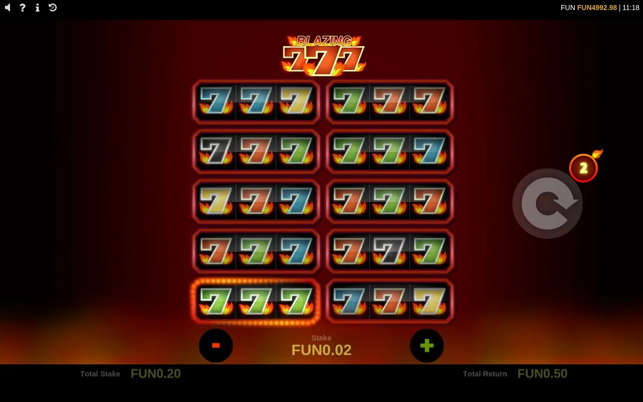 Blazing 777 game state shortly after the highest single-round win of the demo sample