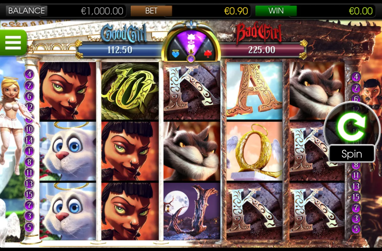 Good Girl Bad Girl loaded board, angel columns on the left and fiery rock on the right, Good and Bad meters reading 112.50 and 225