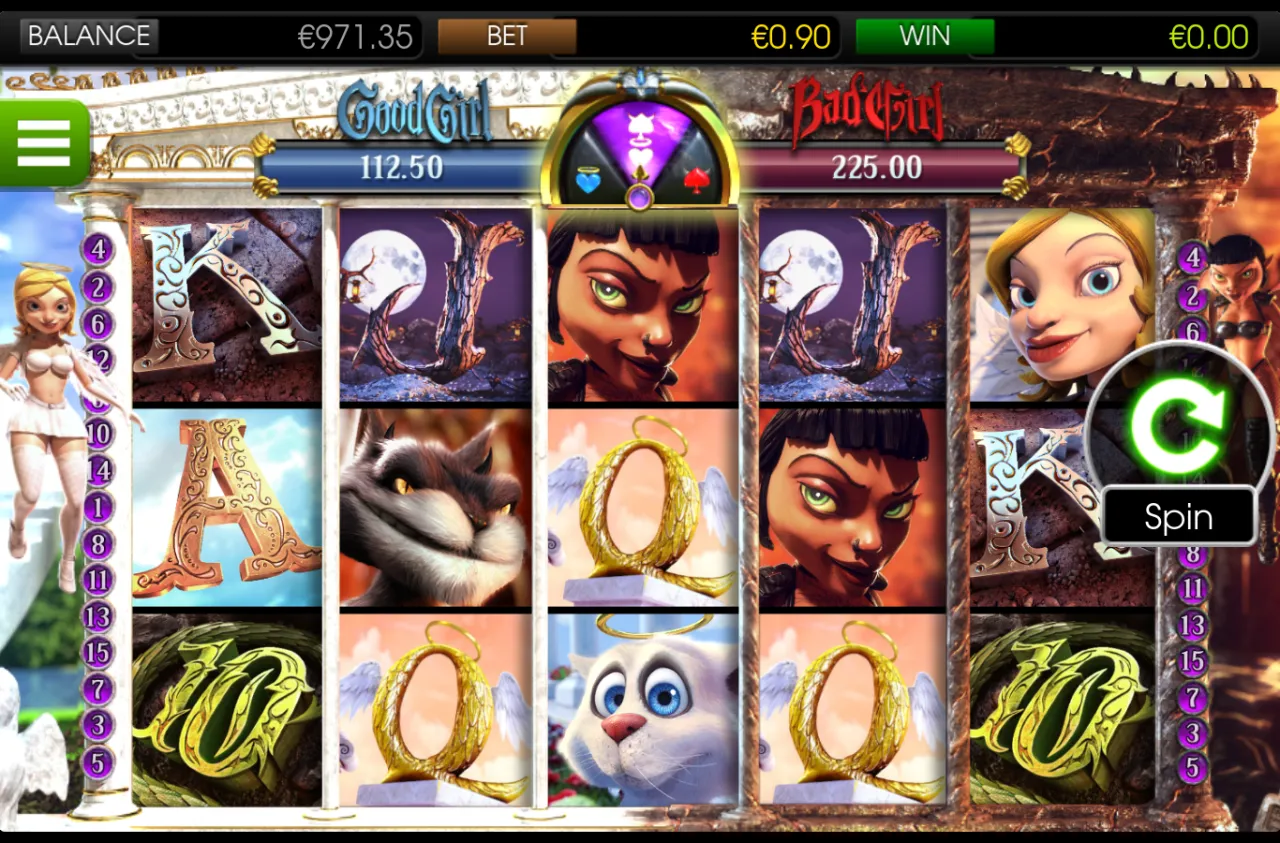 Base grid with the angel cat, grey devil cat, golden halo rings and carved royals across the split reels