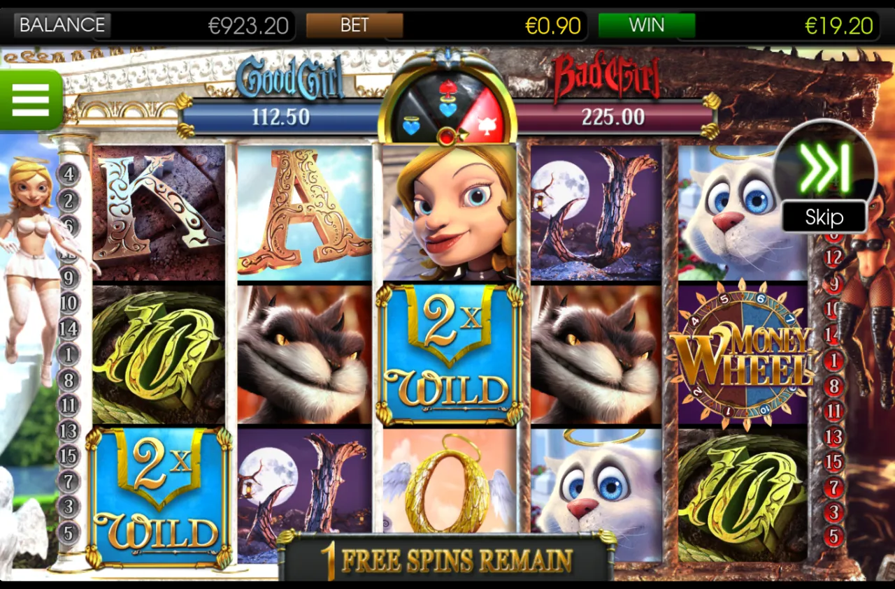 Free Spins round with two stacked 2x wilds and a Money Wheel scatter, win of 19.20