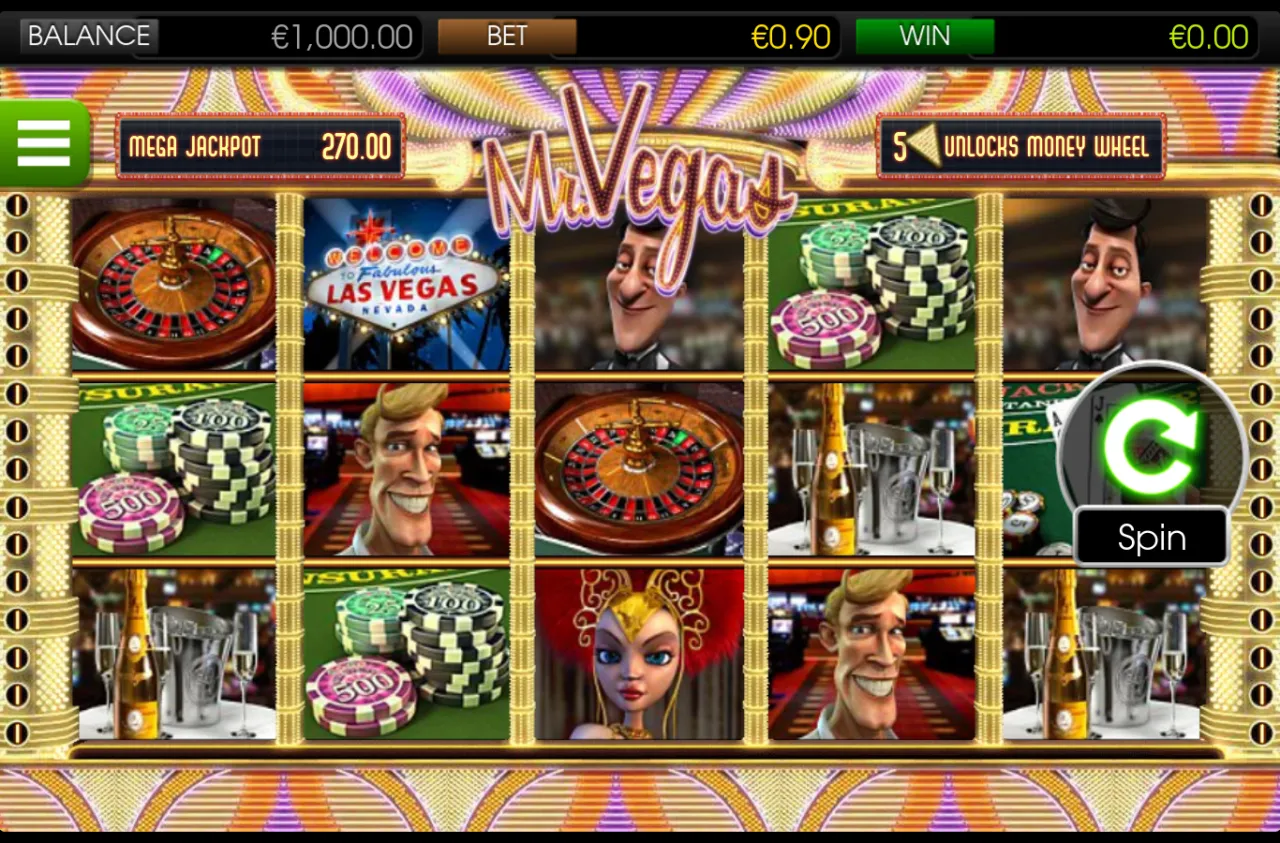 Mr. Vegas five-reel grid at load with a 1,000 balance and a 270 Mega Jackpot on the header