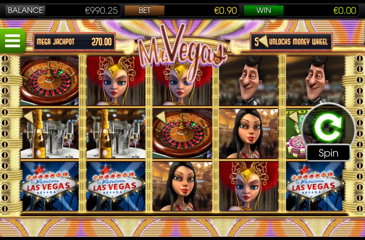 Base reels of champagne buckets and Vegas signs with the balance at 990.25