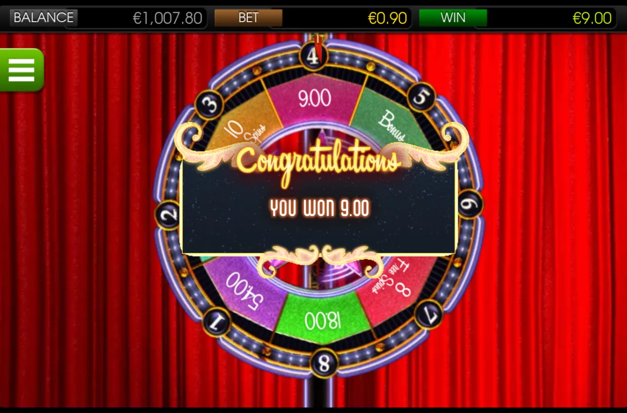 Money Wheel result screen showing a 9.00 cash slice