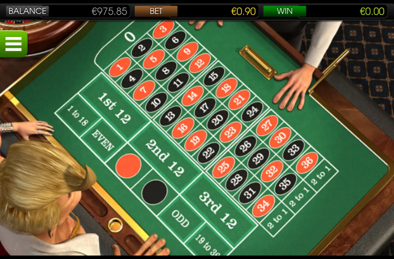 Top-down green-felt roulette table with a dealer's hand on the rail