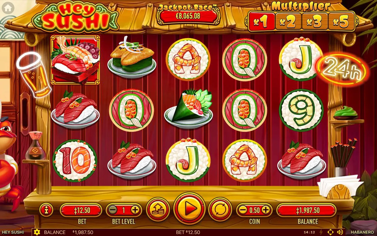 Base game grid with card-rank lows and food-plate symbols across five reels
