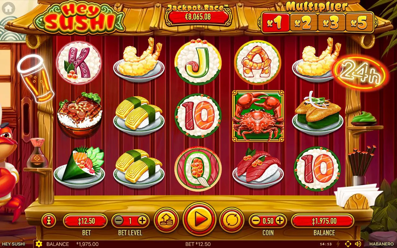 Red crab premium symbol on the centre reel among tamago and tempura plates