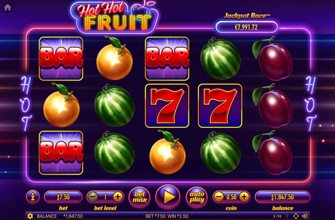 Three red Sevens across the bottom row with oranges and plums around them