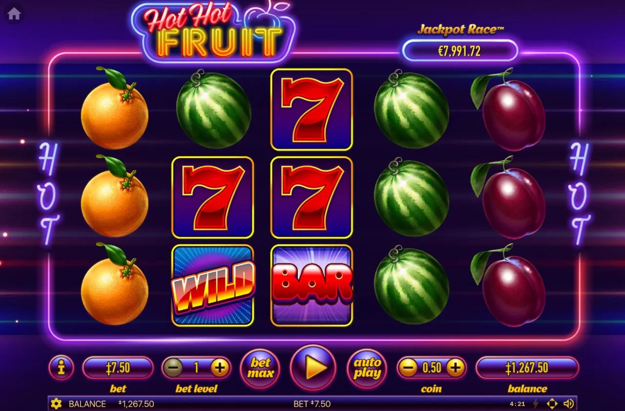 WILD and BAR side by side on the bottom row with three stacked oranges on reel one