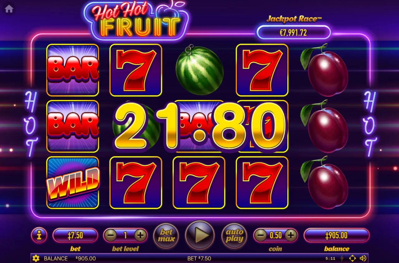 21.80 win printed in gold over a row of red Sevens with a WILD bottom-left