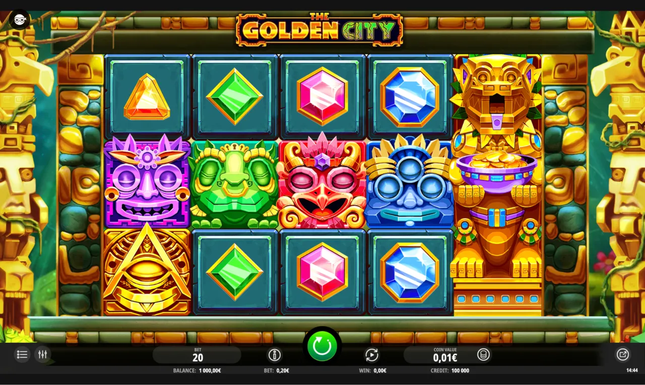 The Golden City 5x3 Aztec grid at a 0.20 bet and 1,000 balance