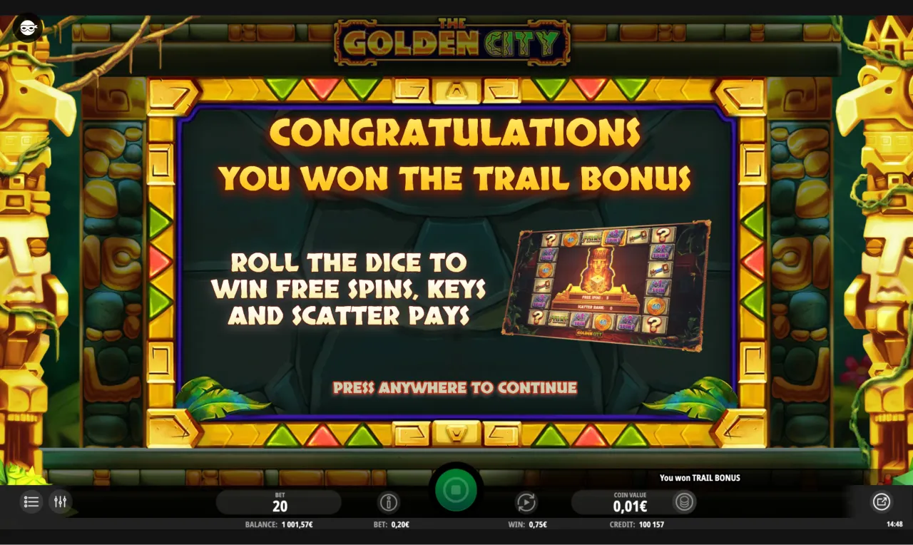 Trail Bonus dice-roll board opening after three pyramid-eye scatters