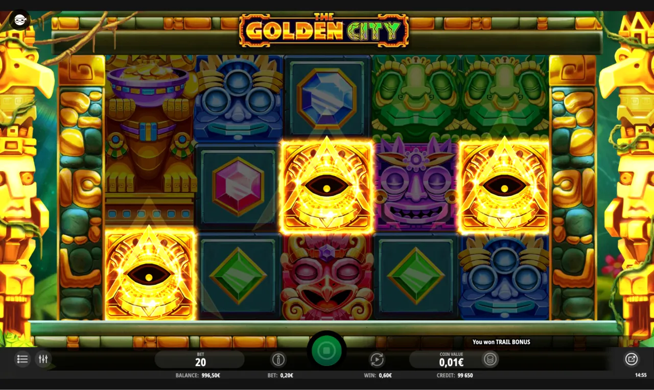 Three pyramid-eye scatters triggering a second Trail Bonus