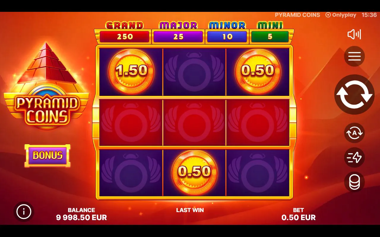 3x3 Pyramid Coins grid below GRAND, MAJOR, MINOR and MINI jackpot ladder