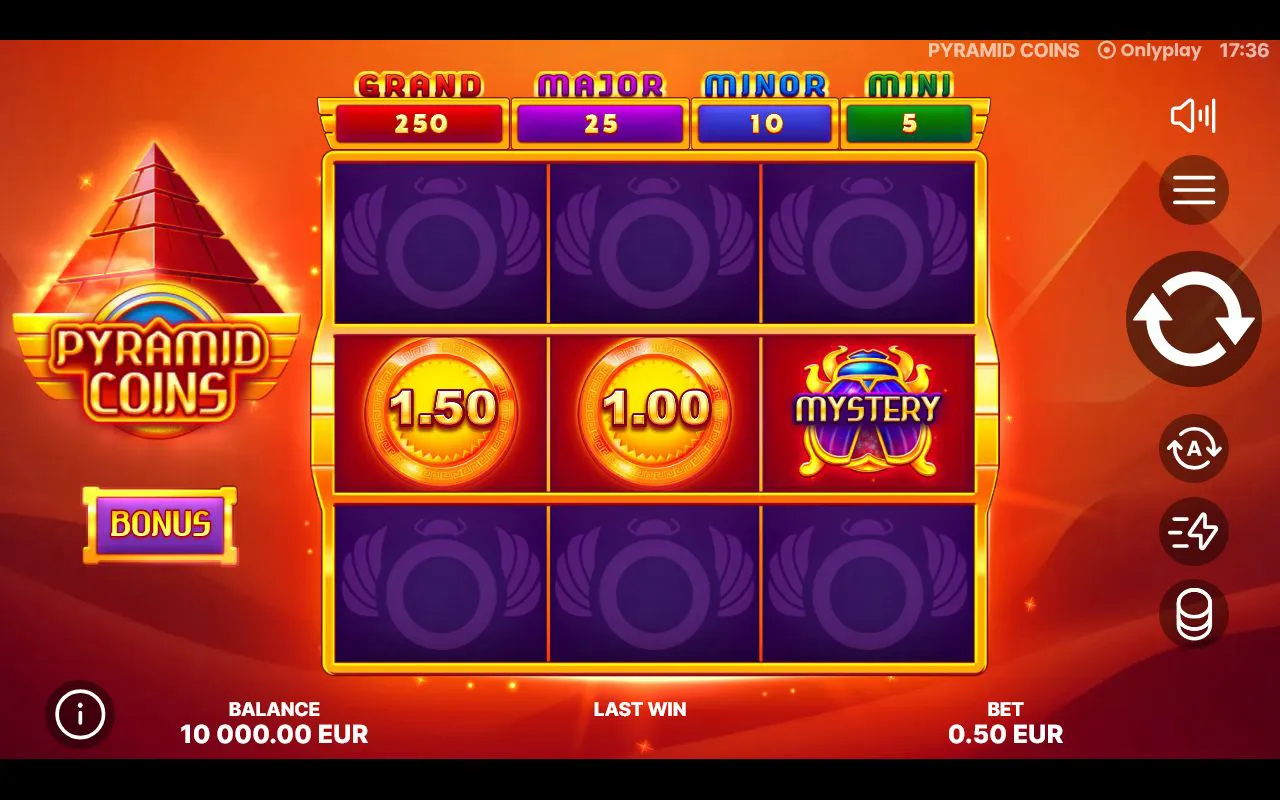Two value coins beside a purple-and-gold Mystery scarab on a settled 3x3 grid