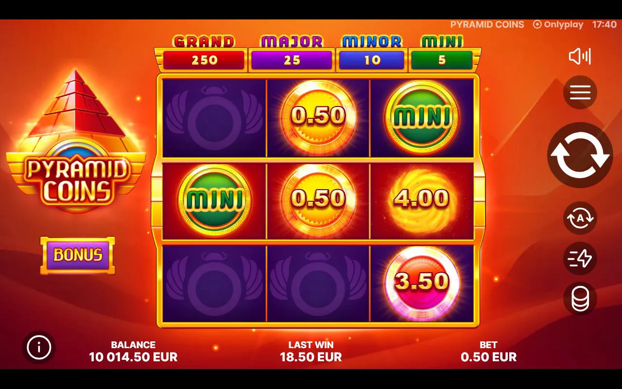 Coin-collect feature grid with locked value coins and green MINI jackpot discs