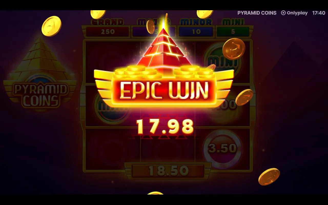 EPIC WIN banner above the coin-collect grid totalling 18.50 from stacked coins and a 3.50 disc