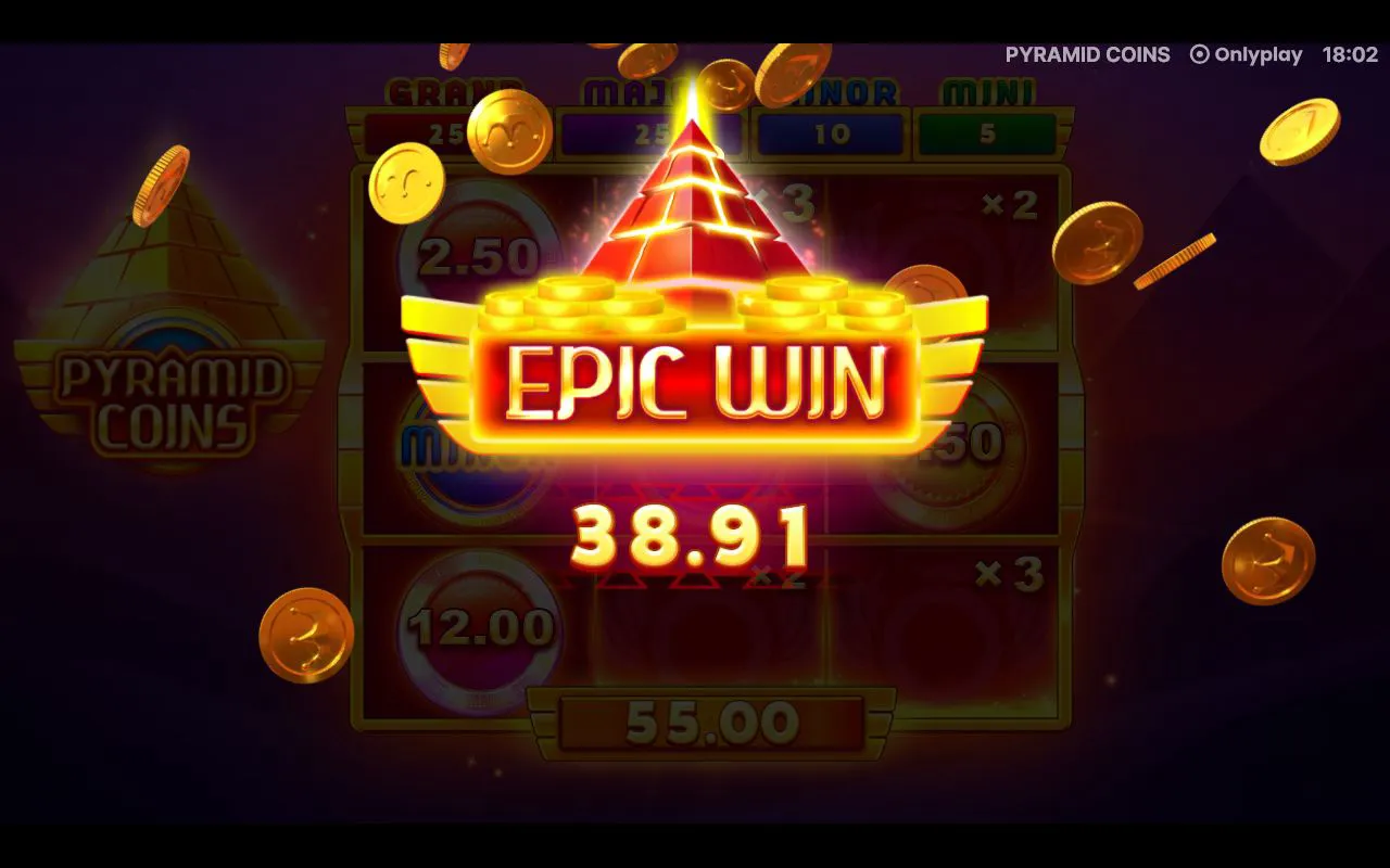 EPIC WIN at 55.00 on the coin-collect grid with stacked value coins and x2 and x3 multiplier cells