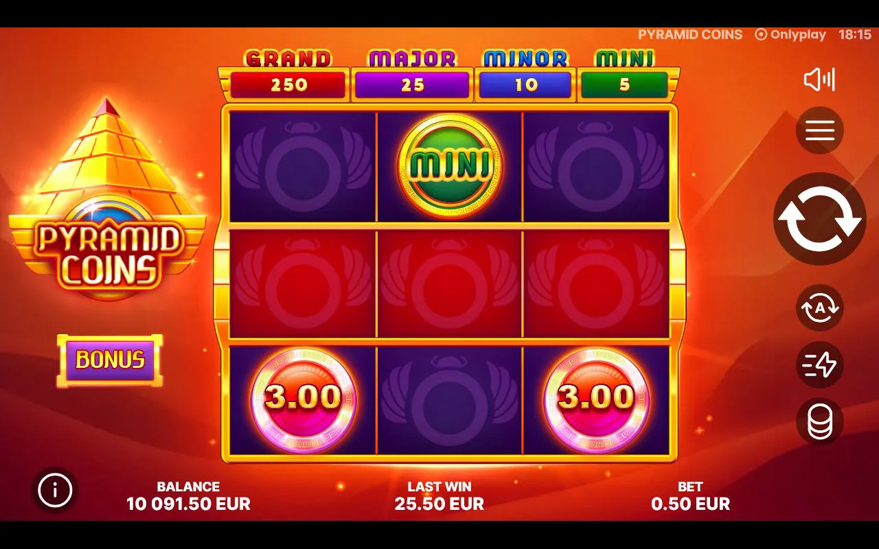 Late base spin showing two 3.00 value coins and a green MINI jackpot disc on the 3x3 grid