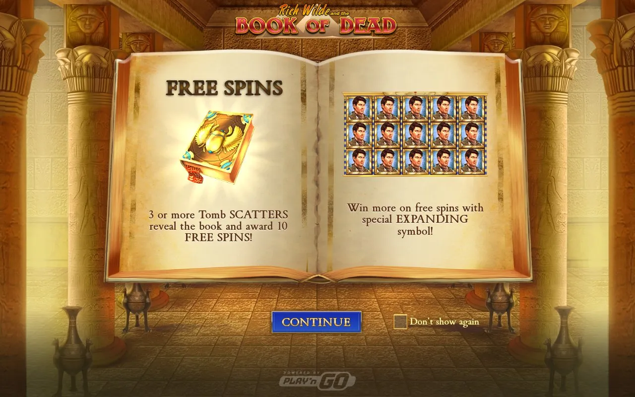 Book of Dead opening screen on first load, gold-on-blue Egyptian frame around the reel set with the Rich Wilde splash overlay visible