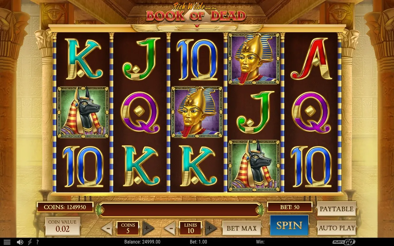 Base game grid showing the 5×3 reel layout populated with Anubis, pharaoh and high card symbols, balance counter visible in the top right