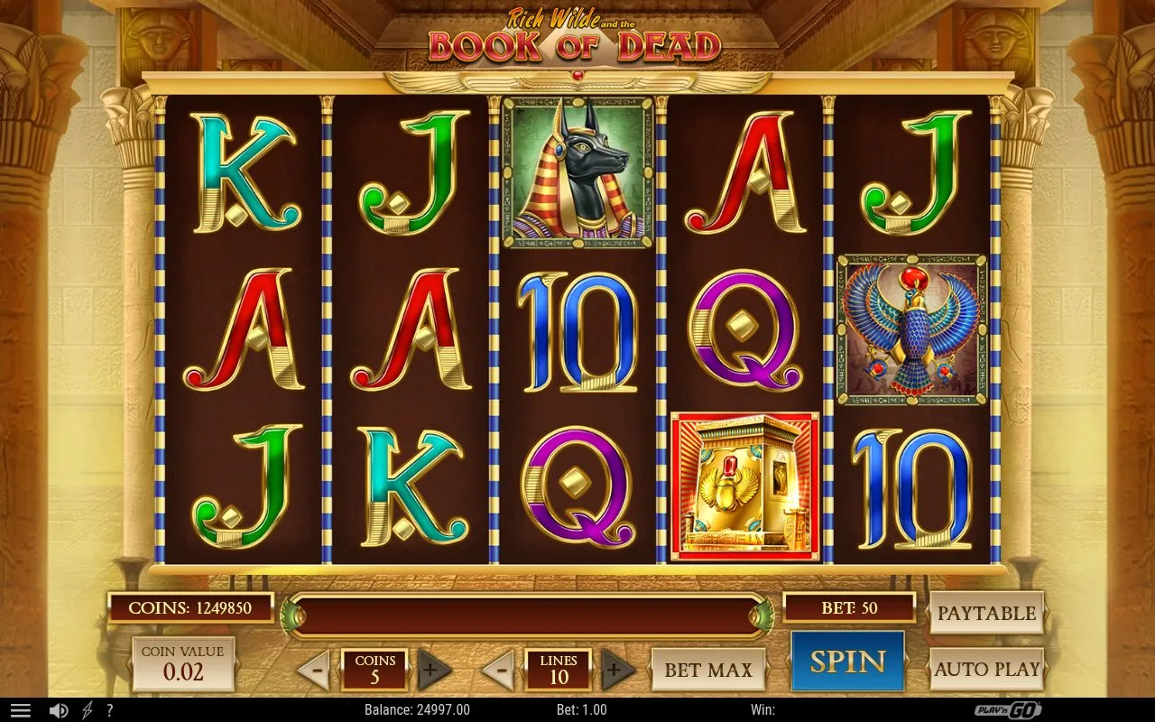Another base-game spin showing the standard reel set with Anubis on reel four and card-rank lows filling the rest of the grid
