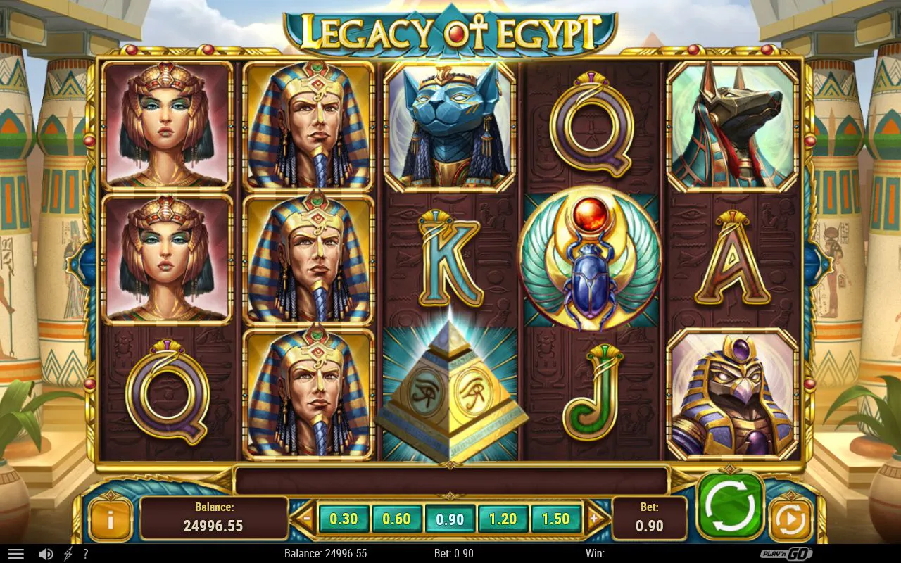 Settled base grid with Cleopatra, the pharaoh, a Bastet cat, a winged scarab and a golden pyramid scatter among royal letter symbols