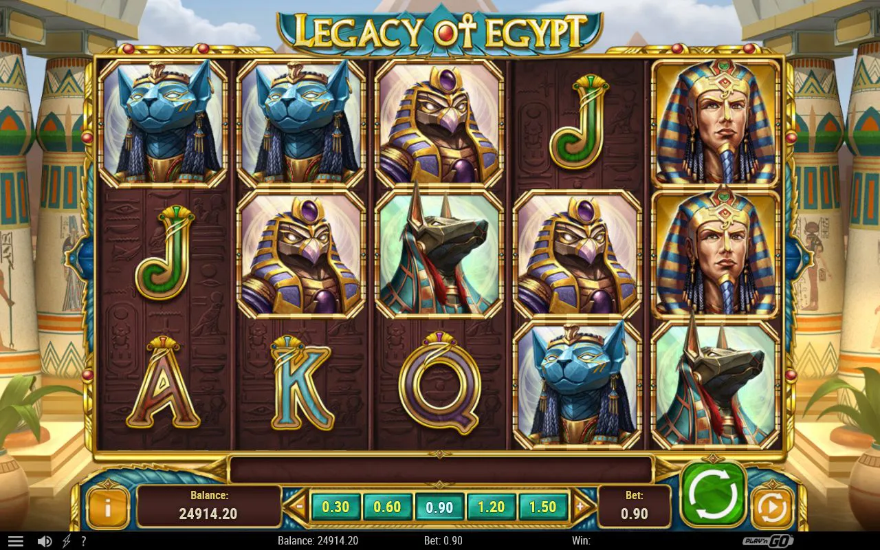 Late-run base grid heavy with blue Bastet and Horus high-value symbols