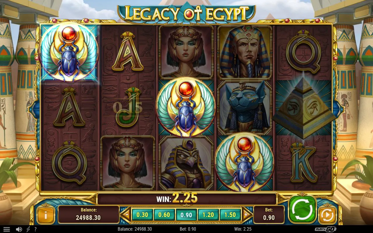 Base-game win paying about 2.5x the stake off a grid of winged scarabs and royal portraits with the win meter lit under the reels