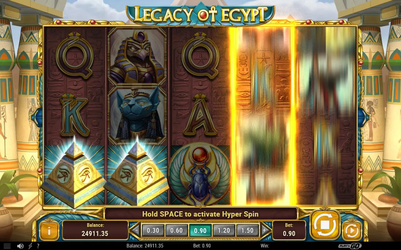 Hyper Spin in motion with two reels still streaking and stacked pyramid wilds settled on the left