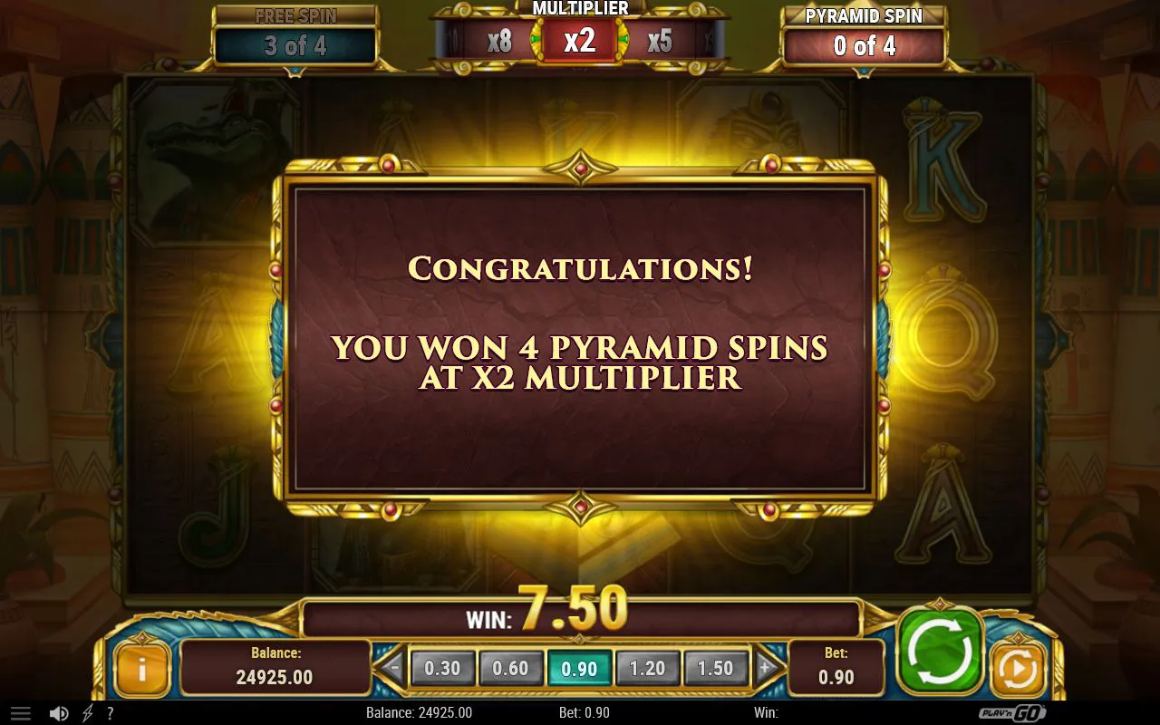 Free Spin feature award screen showing four Pyramid Spins at x2 with the multiplier ladder strip lit at x8, x2 and x5