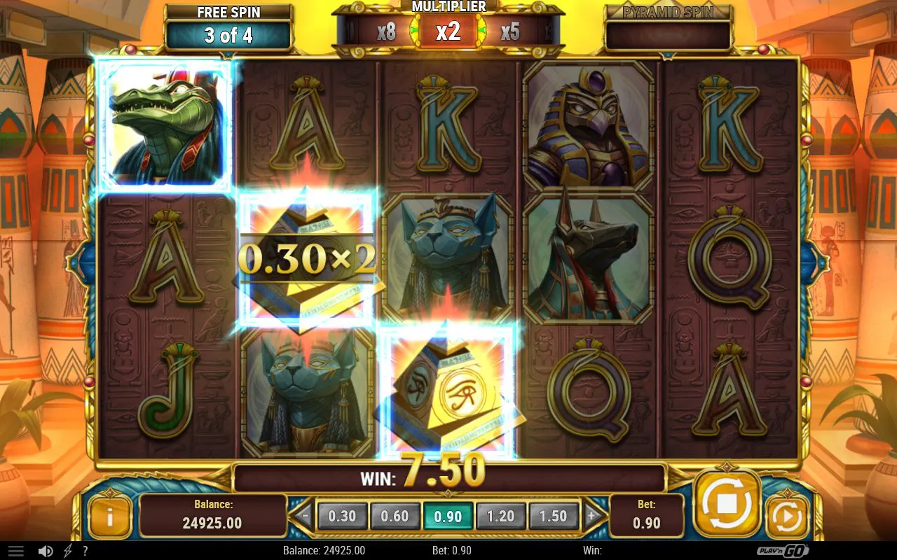 In-feature spin with a pyramid wild carrying a 0.30x2 multiplier tag on the centre column and the ladder reading x2