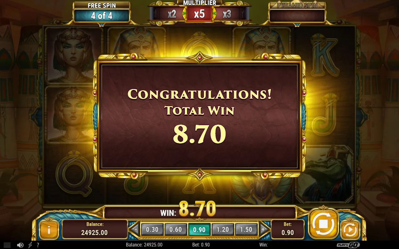 Free Spin feature total-win panel reading roughly 9.7x the stake with the multiplier ladder topped out