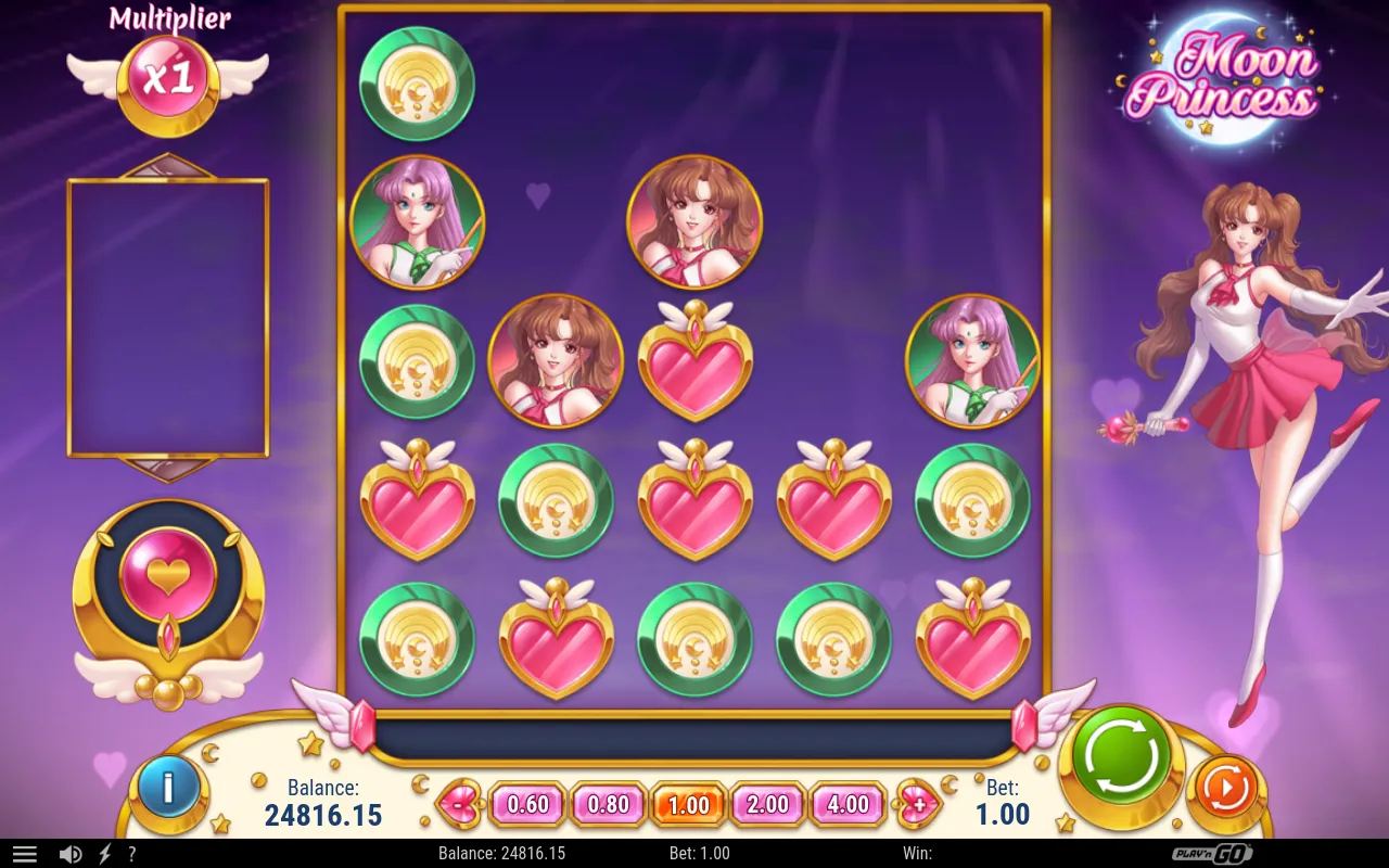 Mid-cascade frame with cleared positions and hearts and coin icons dropping in to refill the grid.
