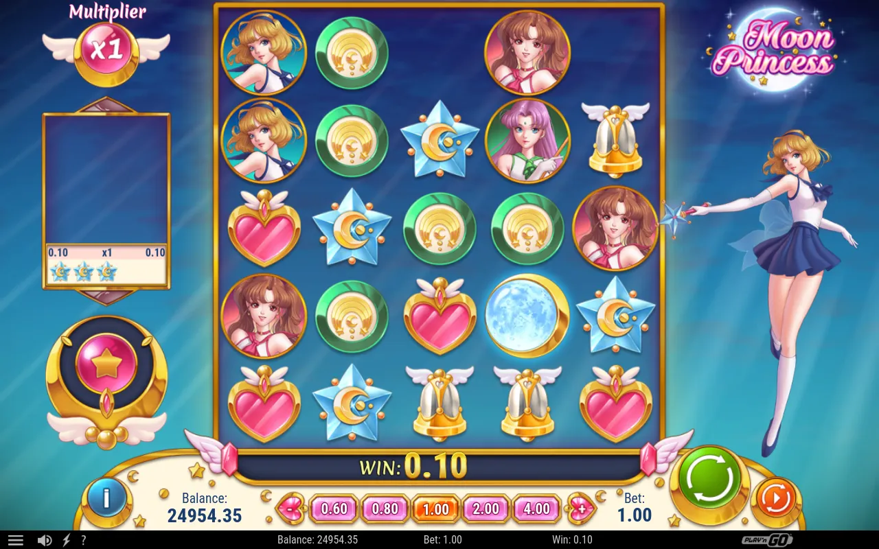A 0.10 base-game win paid by matching star-moon scatter symbols, with the line called out in the WIN meter on the left.