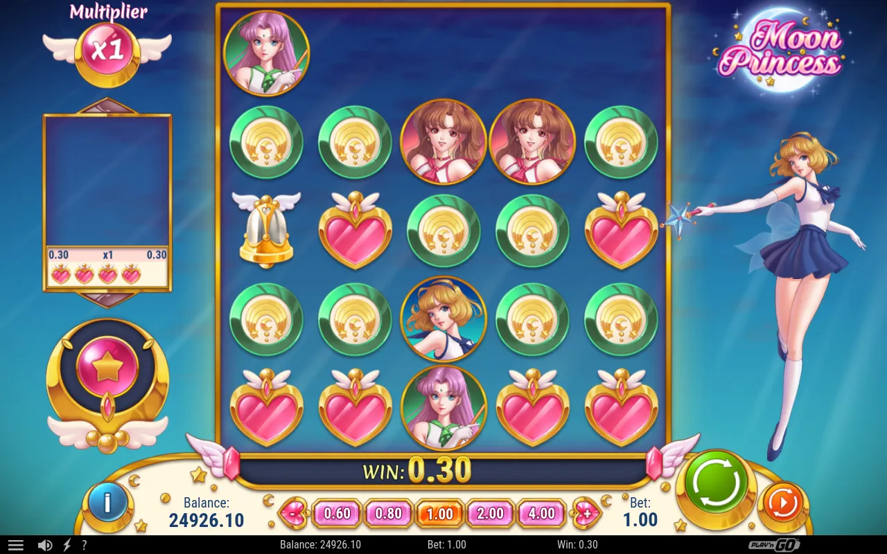 A 0.30 cluster of red heart symbols paying out at the 1.00 stake.