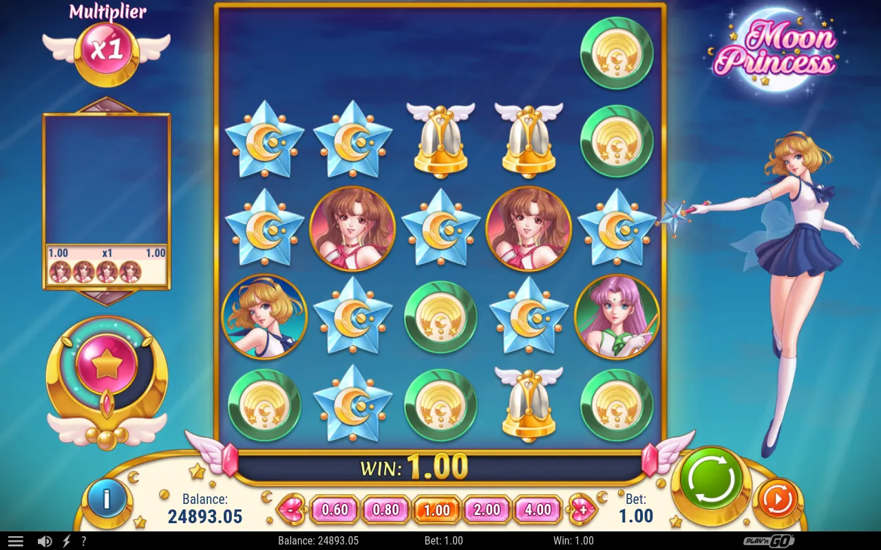 A line of green princess portraits paying 1.00 in the WIN panel.