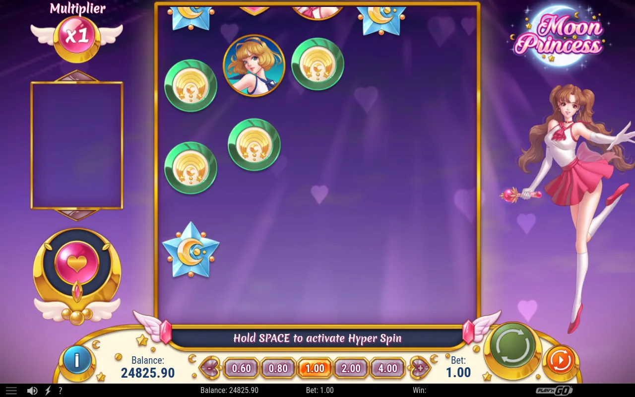 The Hyper Spin prompt visible mid-cascade, telling the player to hold SPACE to activate Play'n GO's turbo mode.