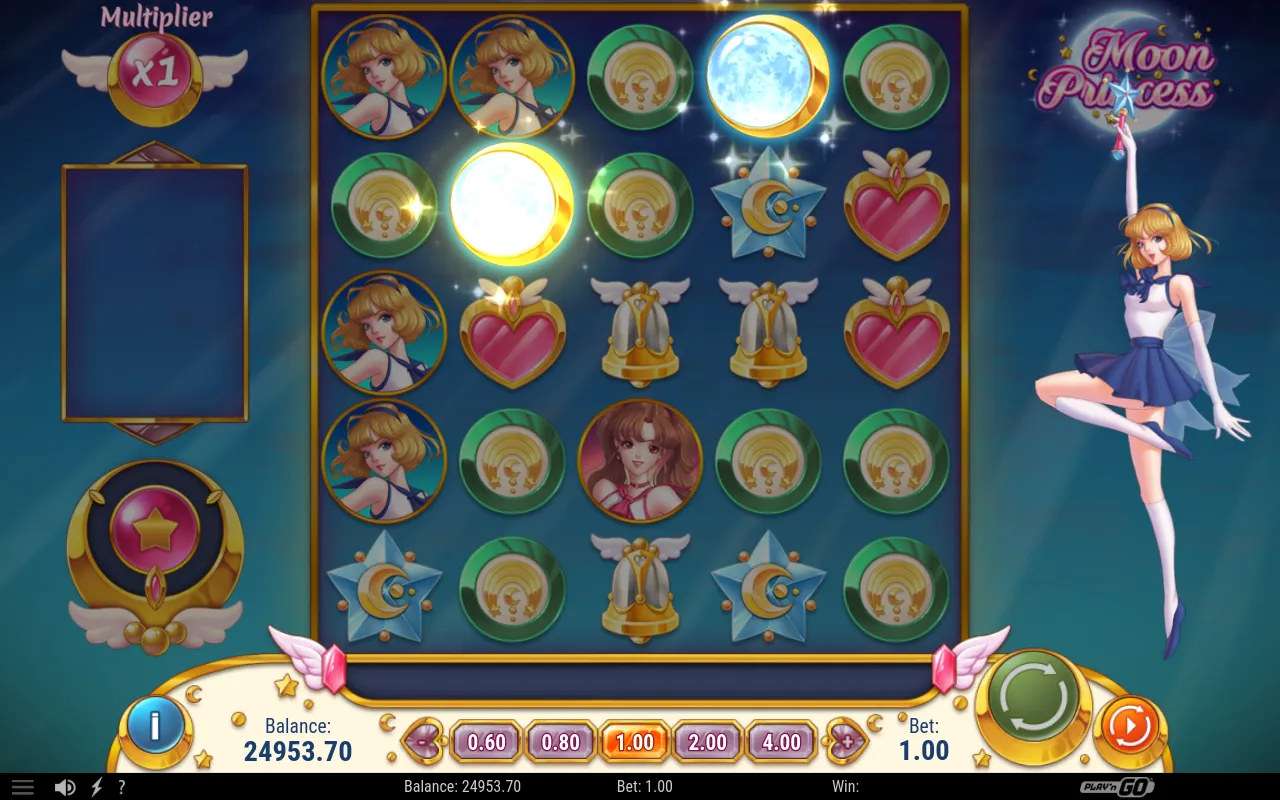Blue Moon Wild symbols sparkling mid-cascade as they substitute for princess symbols during a chain of wins.