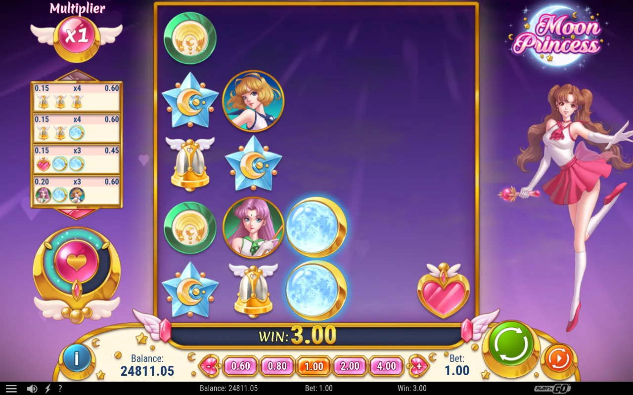 The Moon Princess paytable and bet selector overlay, showing symbol payout tiers and a 0.60 to 4.00 stake range on the demo cabinet.