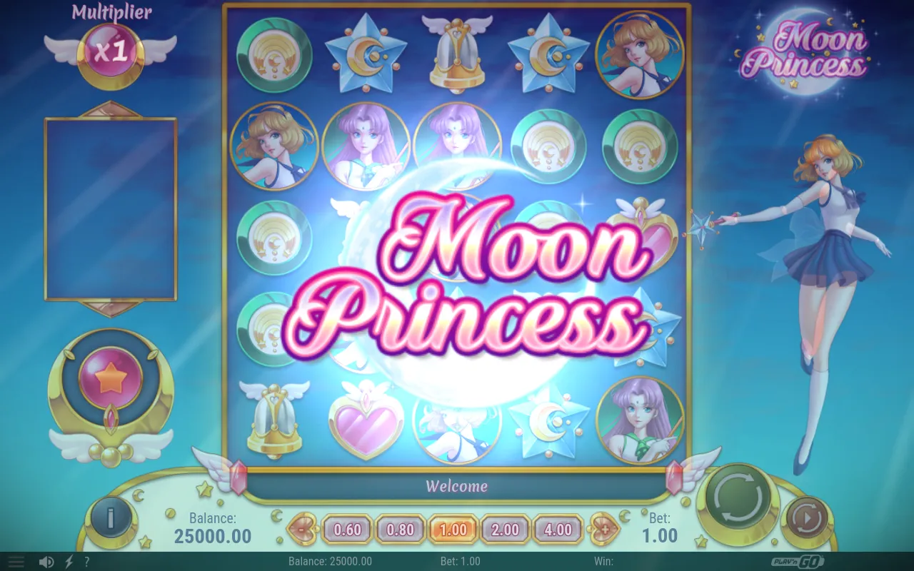 Moon Princess loaded at the title splash, the 5x5 grid behind it and the demo cabinet at its 25,000.00 starting balance.