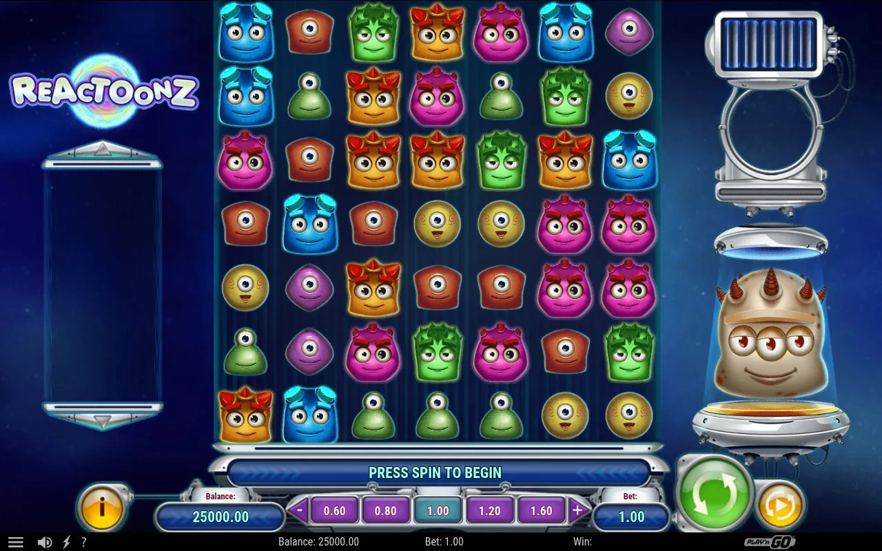 Reactoonz 7×7 alien grid at session load with bet HUD and balance visible below the board