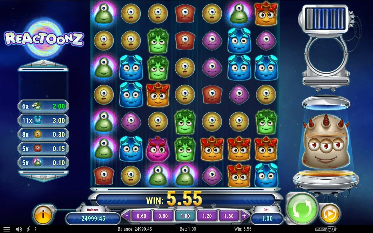 Reactoonz cluster win paying 5.55 on a 1.00 stake at spin 18, win amount overlaid on the cluster grid