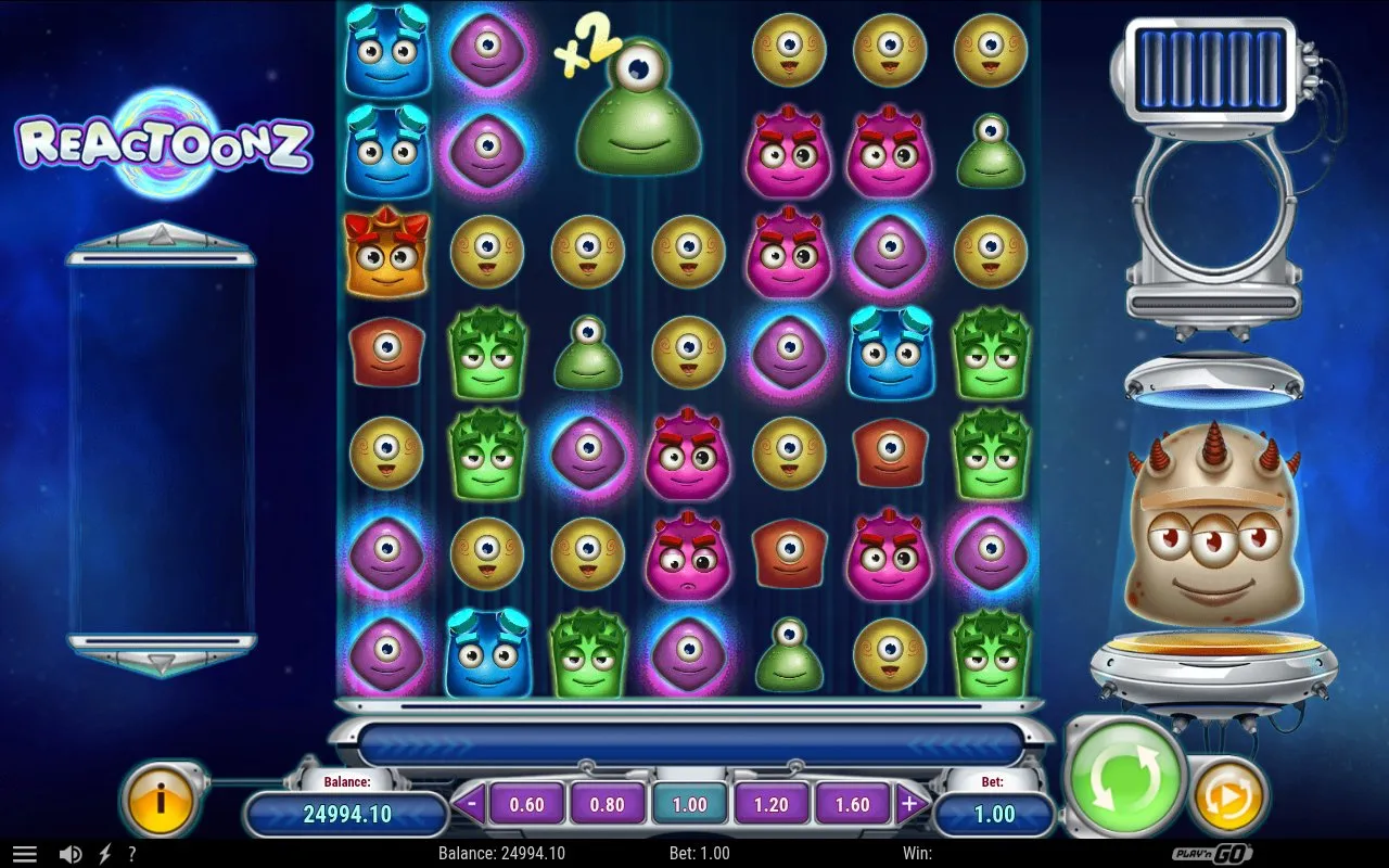 Reactoonz base 7×7 grid mid-session during a no-win stretch with balance and bet HUD visible