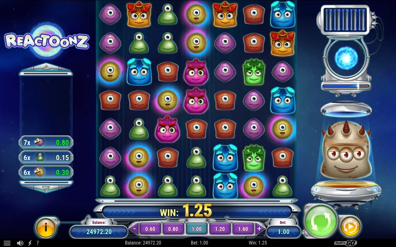 Reactoonz small cluster paying 1.25 on spin 59 after a long no-win stretch, win amount displayed on the grid