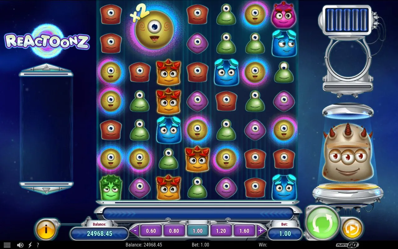 Quantum feature firing on the Reactoonz grid, alien symbols mid-transformation as wilds settle into place