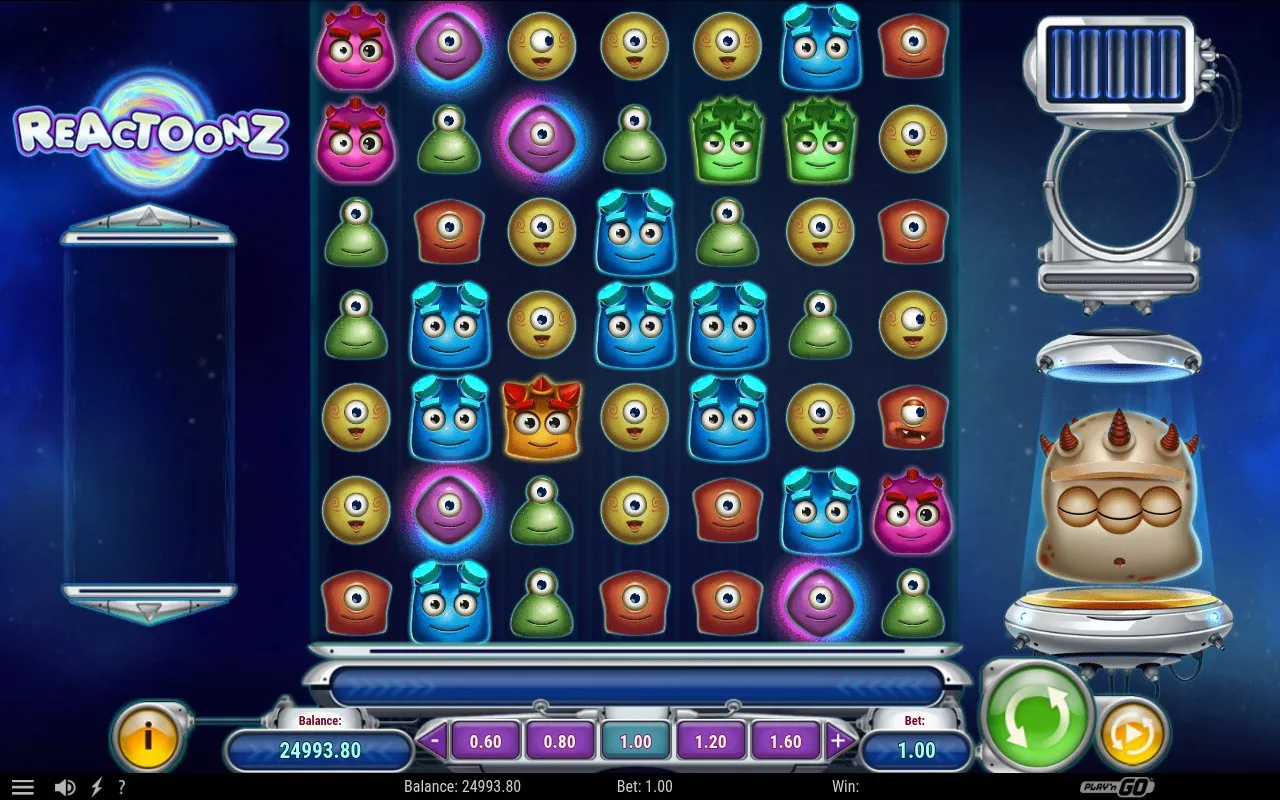 Reactoonz grid near the end of the 203-spin session showing the base game state with balance HUD visible