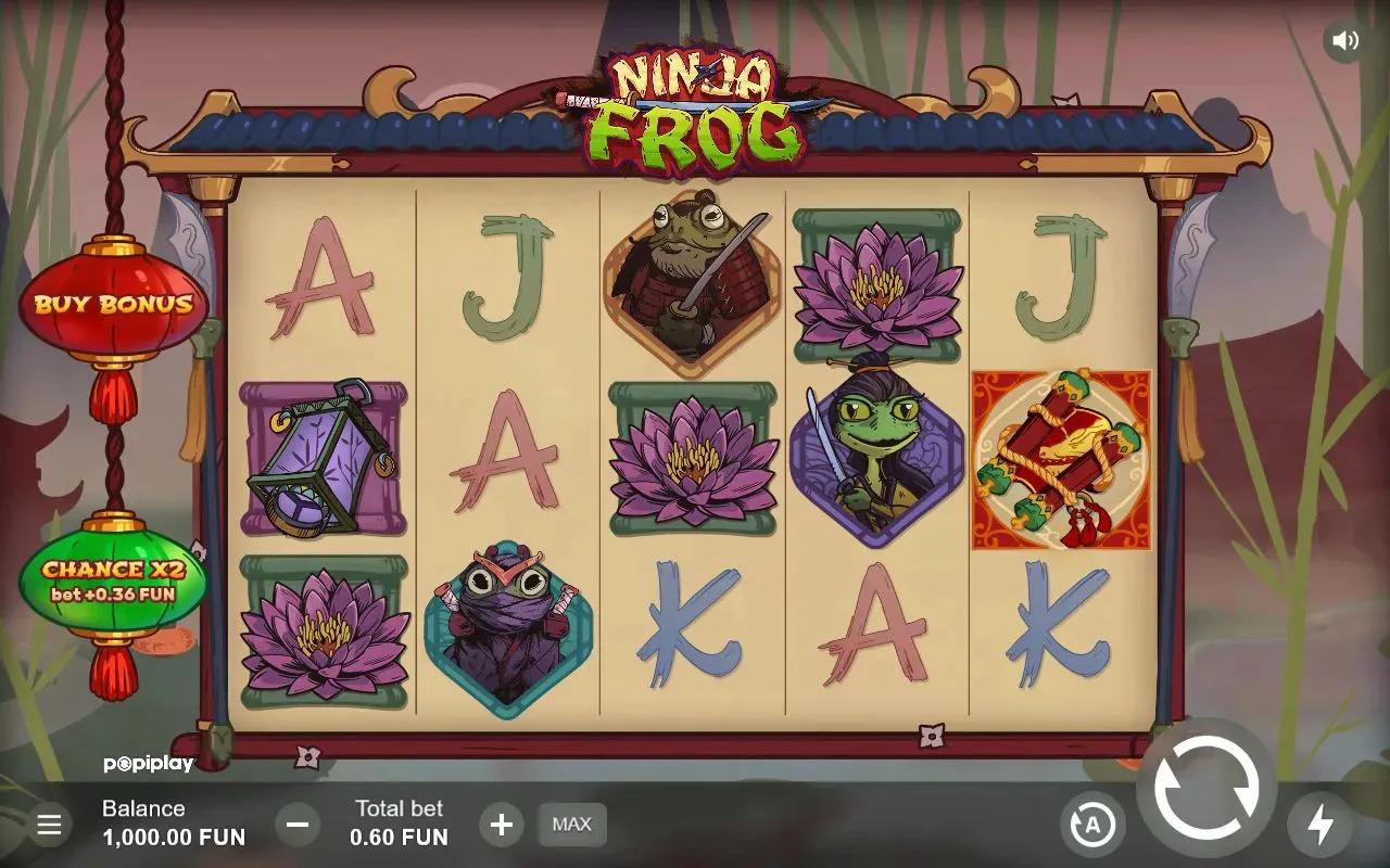 Ninja Frog loaded grid with Buy Bonus and Chance X2 lanterns left of the reels