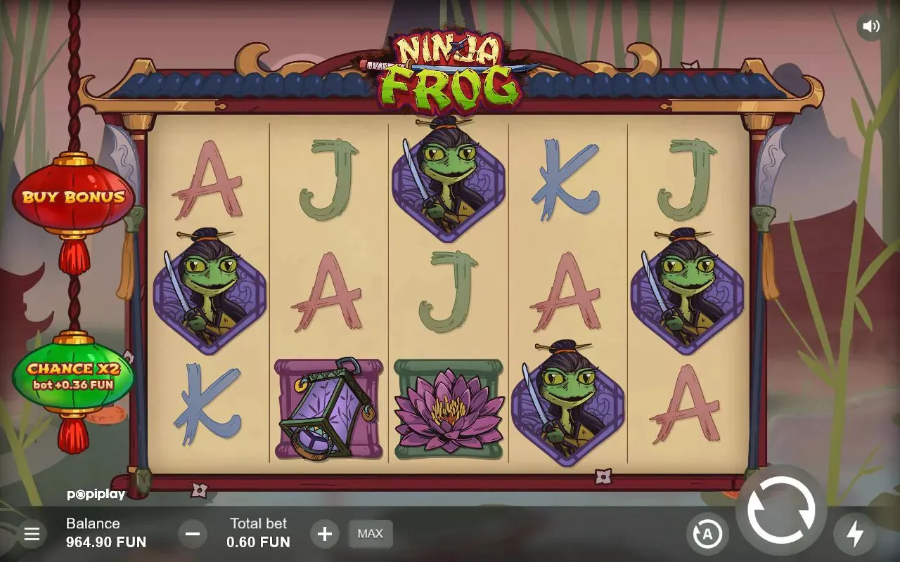 Frog-heavy near-miss board with several green ninja frogs across the middle reels