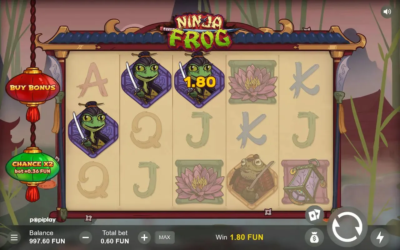 1.80 win popping over the reels off a column of green ninja-frog premiums on the left